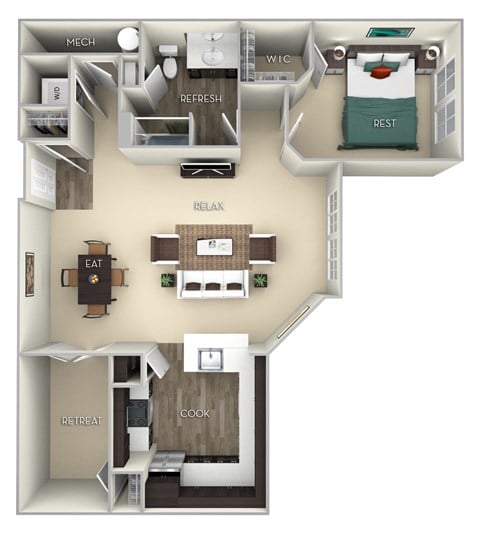 Floor plan for 1 bed, 1 bath, 885 sqft
